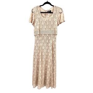 Vintage Dawn Joy Fashions Dress Women Crochet Lace Maxi 9-10 Peplum Zip Tie Back